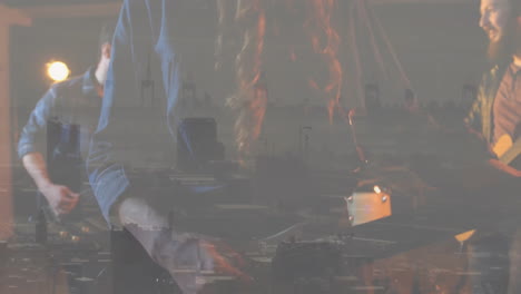 female singer leading band performing under spotlights with animated equalizer for music industry