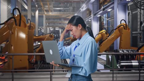 side view of asian female professional worker use laptop with industrial robotic arms working,  she is nodding her shead with dissapionted
