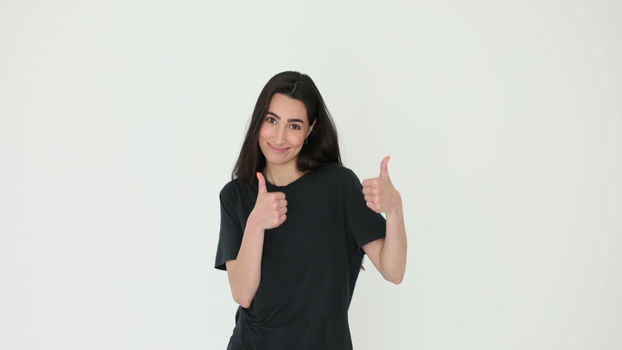 Woman giving thumbs up on white background