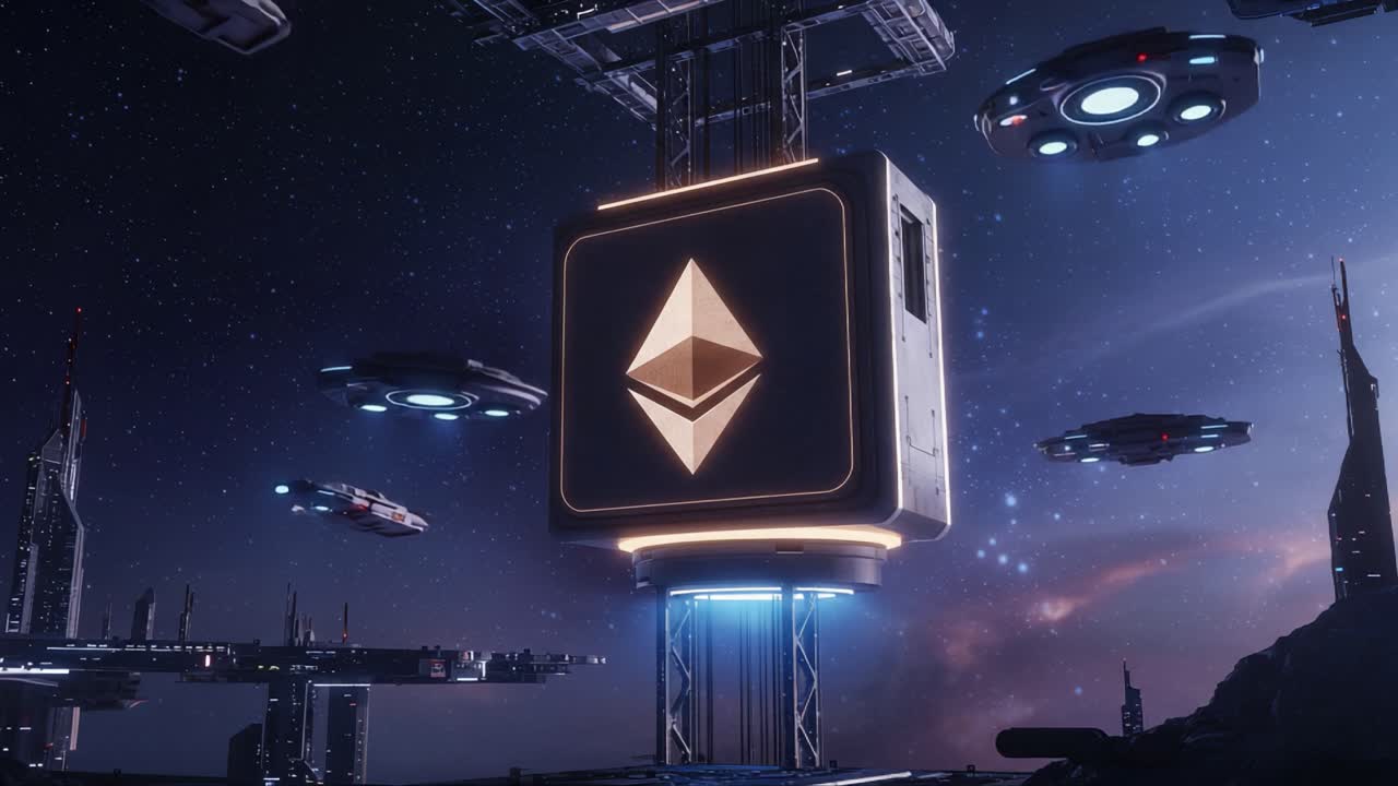 Futuristic Digital Landscape Featuring an Iconic Symbol in a Sci-Fi Universe, Surrounded by Spacecraft and Advanced Technology Elements