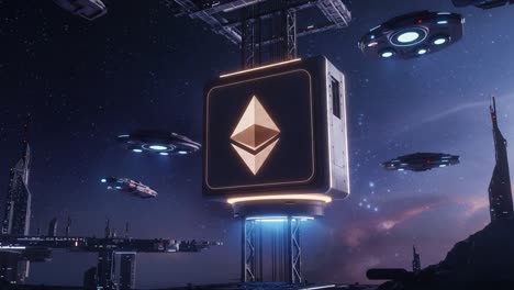 futuristic digital landscape featuring an iconic symbol in a sci-fi universe, surrounded by spacecraft and advanced technology elements