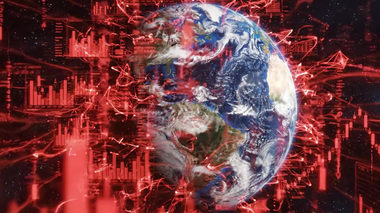 Ein dynamischer Überblick über die Erde, umgeben von Datenvisualisierungen und digitalen Interaktionen, der globale Kommunikation und Markttrends in einem kosmischen Kontext darstellt.