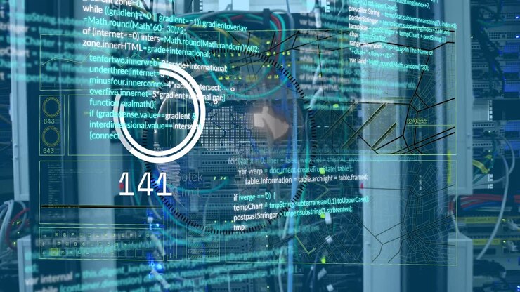 Animation of data processing and globe over server room