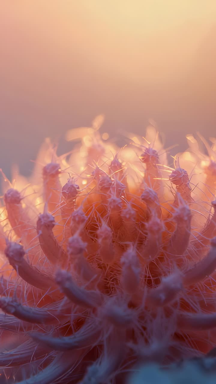 Video verticale: cambio di messa a fuoco, la fotocamera rivela i peluzzi sfocati al sole, mostrando la texture, bokeh rosa