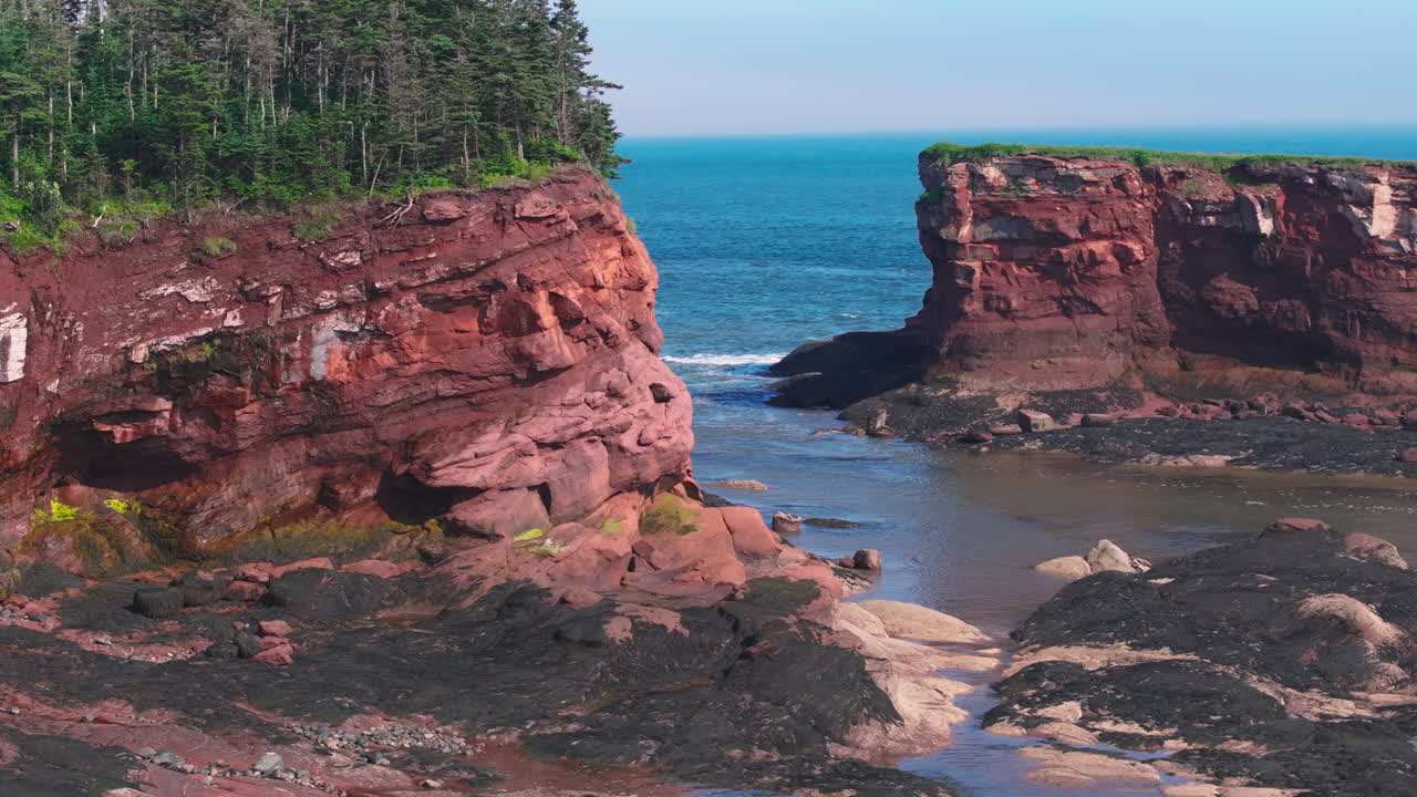 Aerial drone shot traveling around a cliffside with red rocks