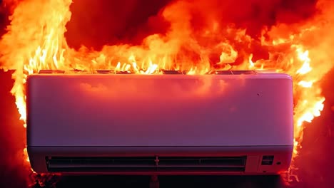 a white air conditioner on fire with red flames coming out of it