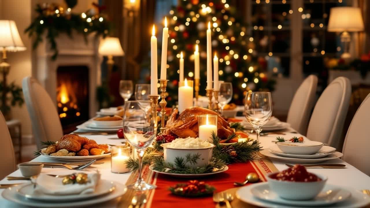 Festively arranged dining table features a golden turkey centerpiece, candles, and elegant tableware, creating a warm and inviting atmosphere for a holiday gathering with family and friends