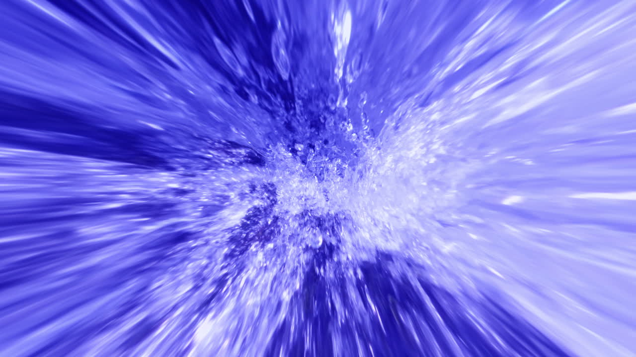 Blue Fast Splashing Abstract Water Droplets in Wormhole Style Distortion. Organic Particles Motion Graphics. Wallpaper Background Illustrative Asset.