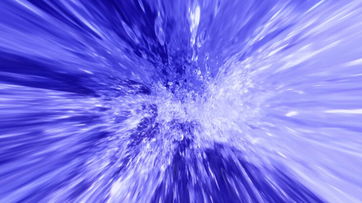 Blue Fast Splashing Abstract Water Droplets in Wormhole Style Distortion. Organic Particles Motion Graphics. Wallpaper Background Illustrative Asset.