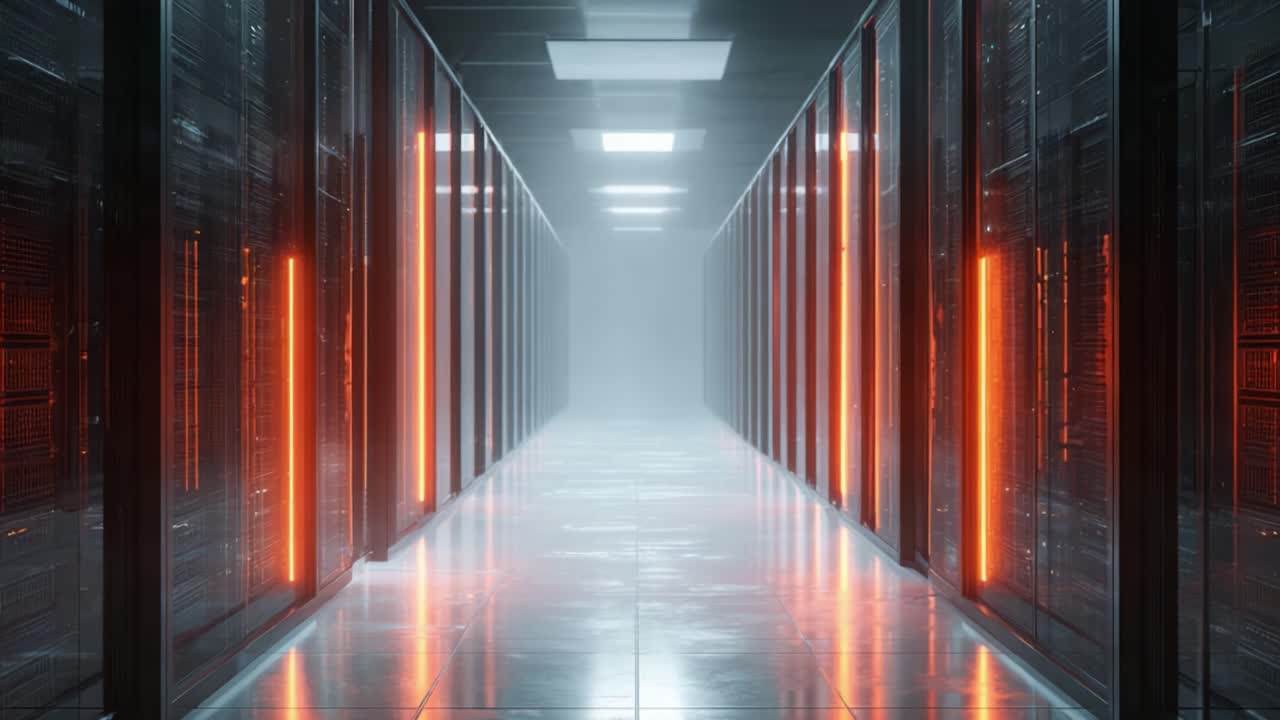 En glinsende datacentralkorridor oplyst med orange lys: Oplev den banebrydende teknologi bag moderne servere og deres rolle i datastyring.