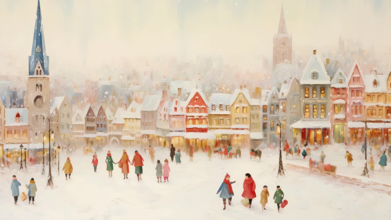 Charming winter village scene with people in colorful attire