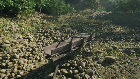 ancient wooden trough in a stone-lined forest clearing