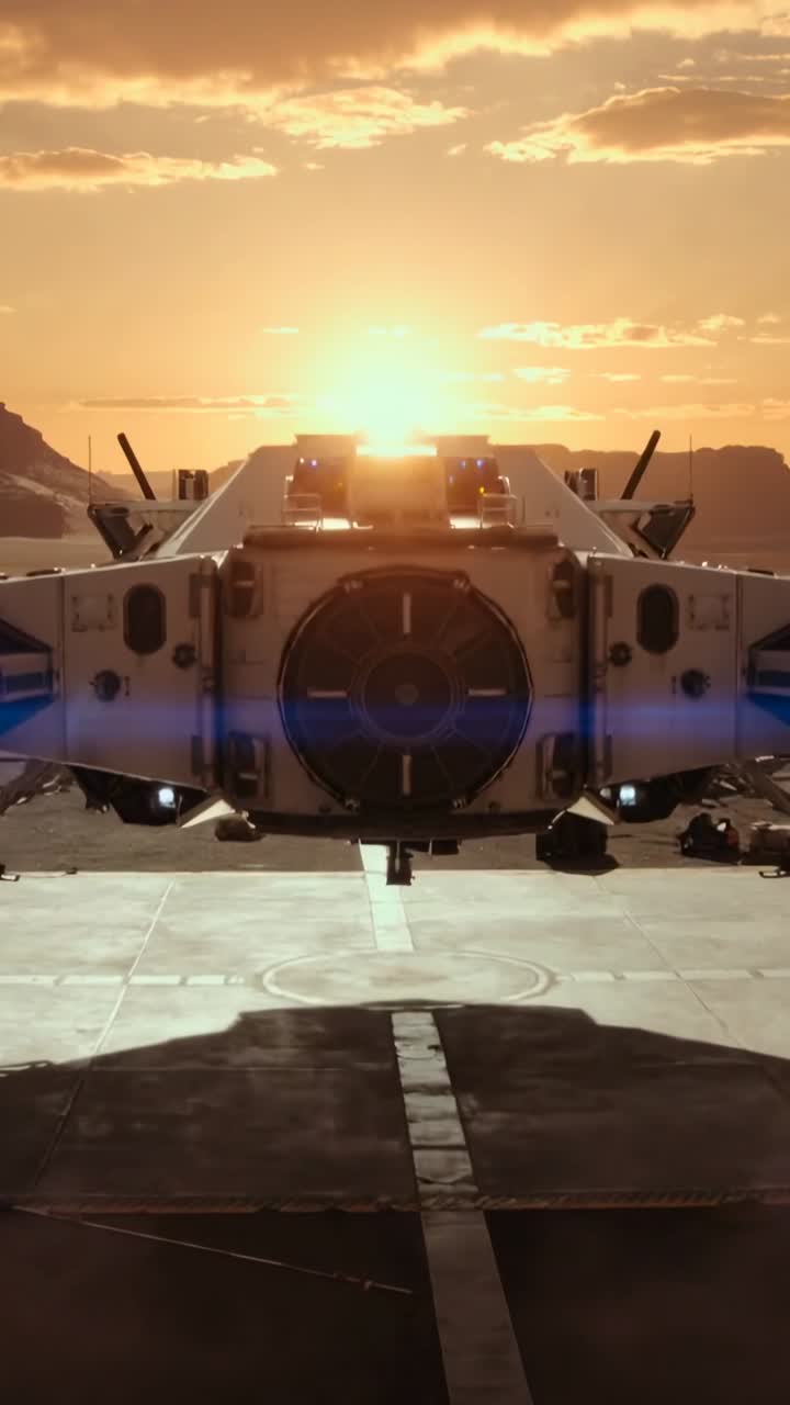 Video verticale: Il sole che scivola dietro una nave da trasporto che si abbassa su una piattaforma di atterraggio preparandosi all'atterraggio.