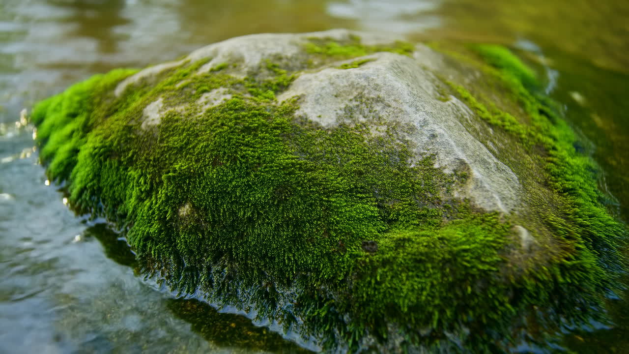 Roccia coperta di muschio in un ruscello, primo piano che mostra muschio verde brillante aggrappato a una pietra liscia, delicato flusso d'acqua.