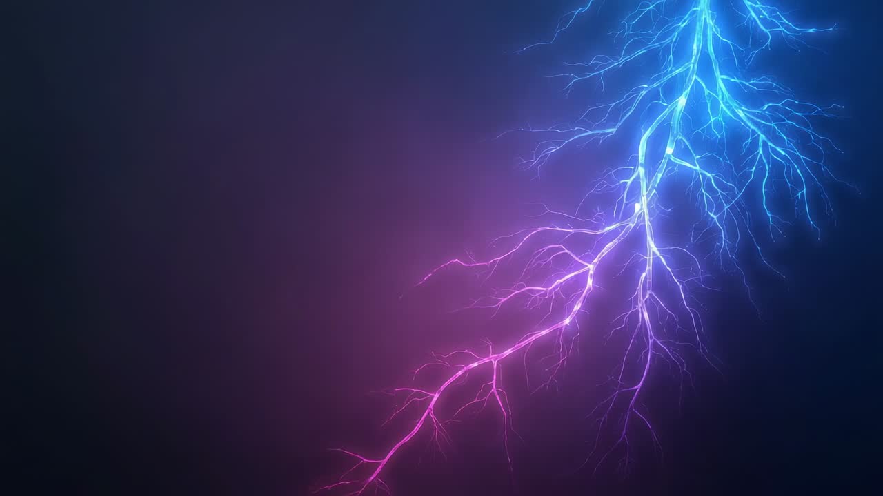 Starting electric-blue trunk falling, filament pulsing against navy violet backdrop, copy space