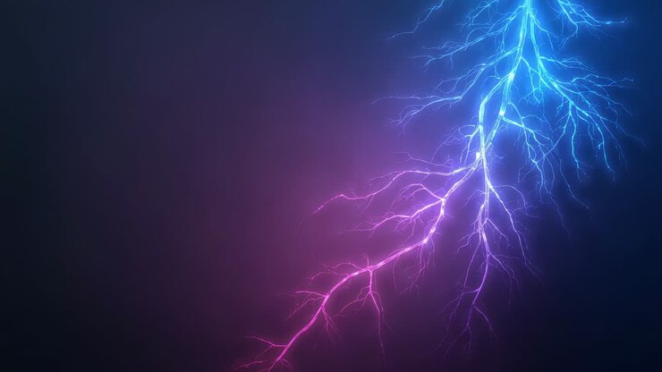 Starting electric-blue trunk falling, filament pulsing against navy violet backdrop, copy space