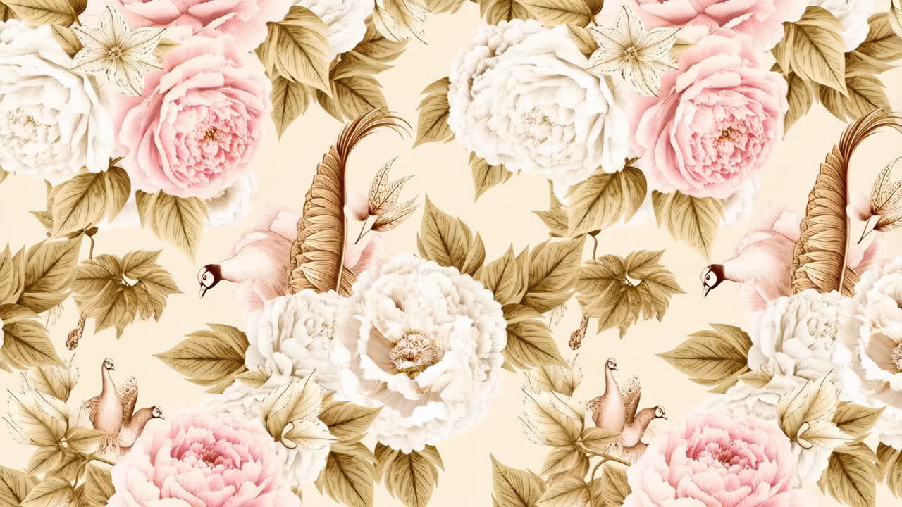 Floral pattern with peonies and birds