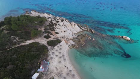 Aerial-view-of-the-famous-Portokali-beach-in-Sithonia,-Chalkidiki,-Greece