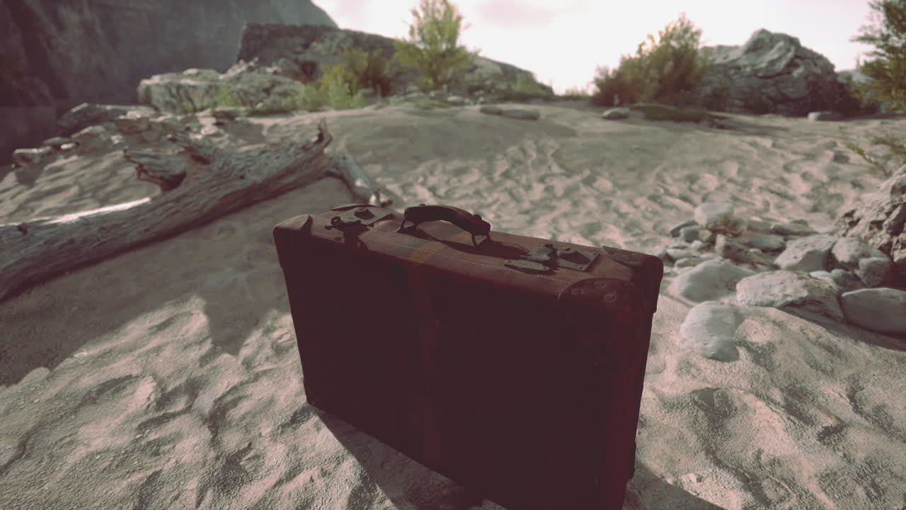 una maleta antigua abandonada en el desierto.