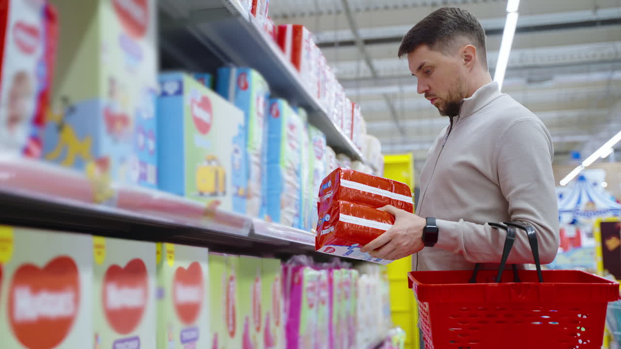 hombre comprando pañales en un supermercado