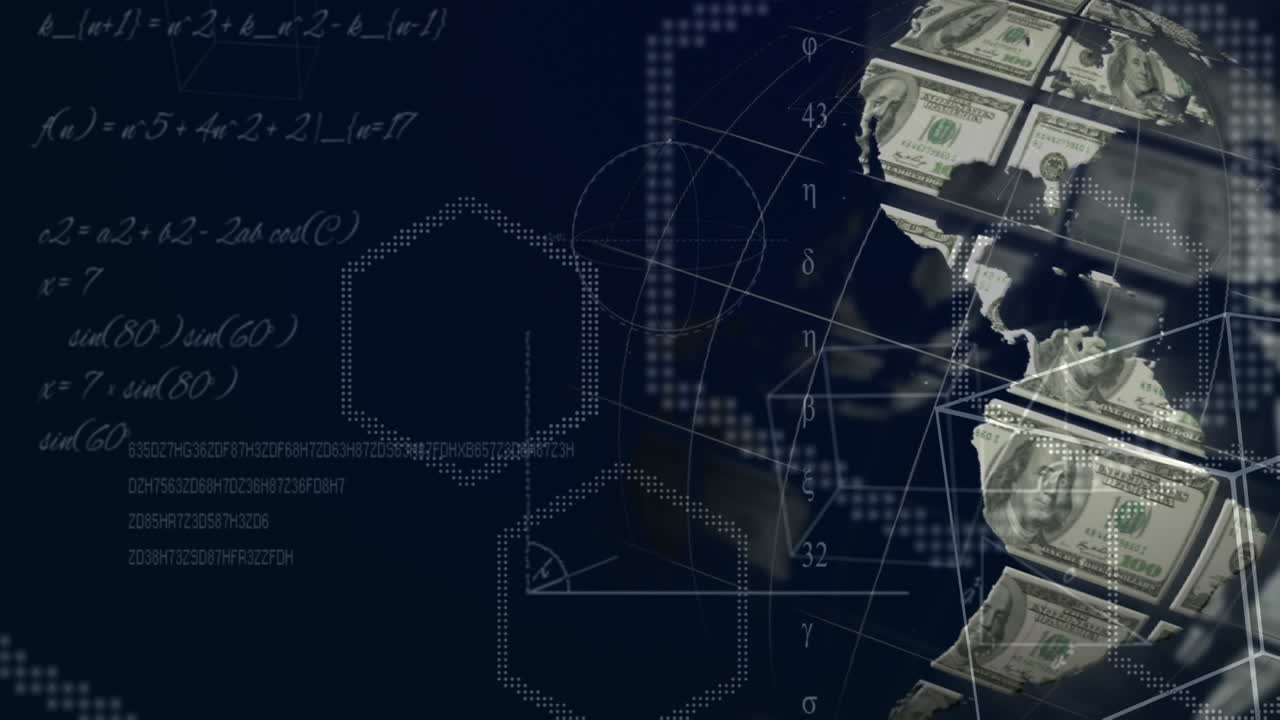 Animation of globe made of American dollar bills spinning over mathematics equations.