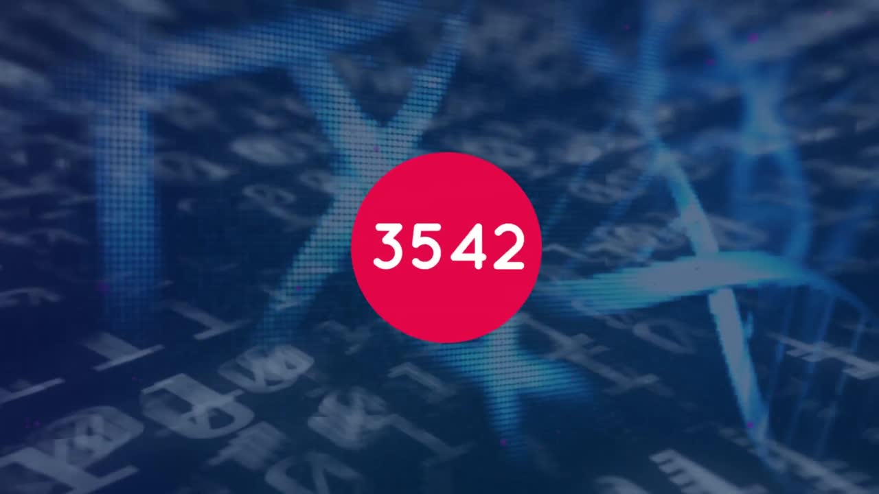 dna 구조와 바이너리 코딩 데이터 처리에 대한 빨간 원형 배너를 통해 증가하는 숫자