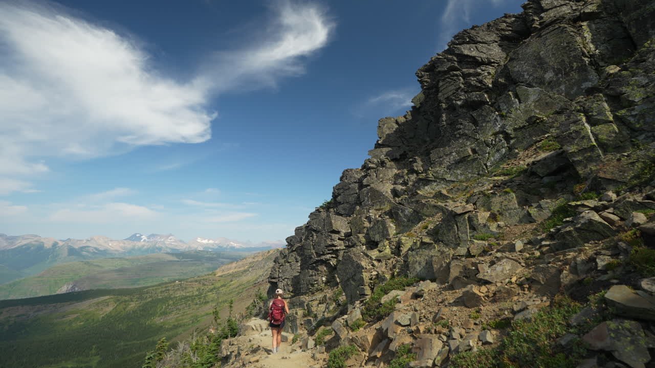 vista trasera de una excursionista solitaria con mochila en el sendero de senderismo de highline en el parque nacional glacier, montana, estados unidos