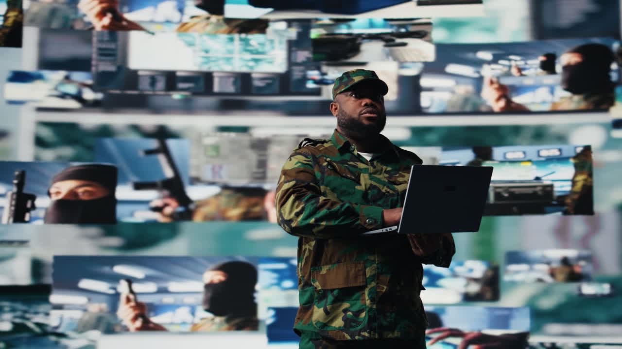 Military officer reviewing data from surveillance and works on tactical operations