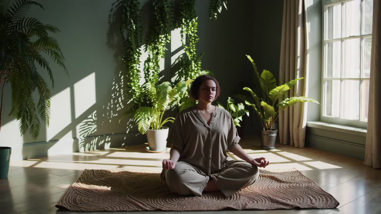 mujer meditando en un ambiente doméstico pacífico