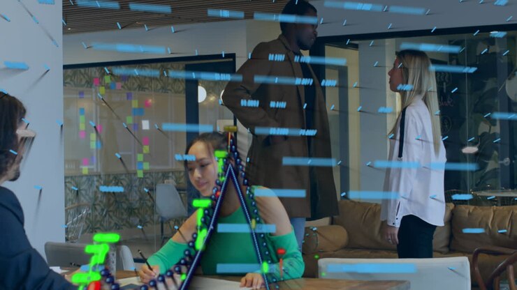 Animation of financial data processing over diverse business people in office