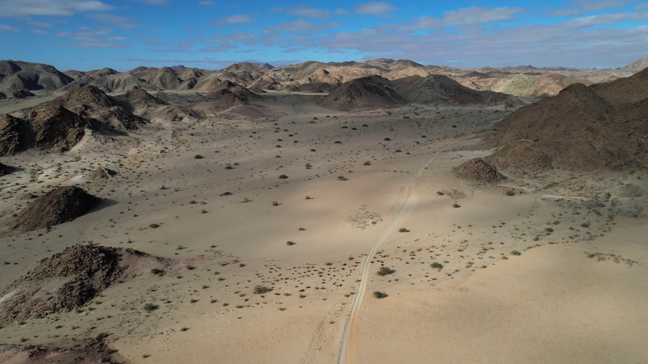 Aerial view of sandy riverbed with jeep track cutting through arid landscape, framed by dry mountains and cloud shadows under a vivid blue sky.