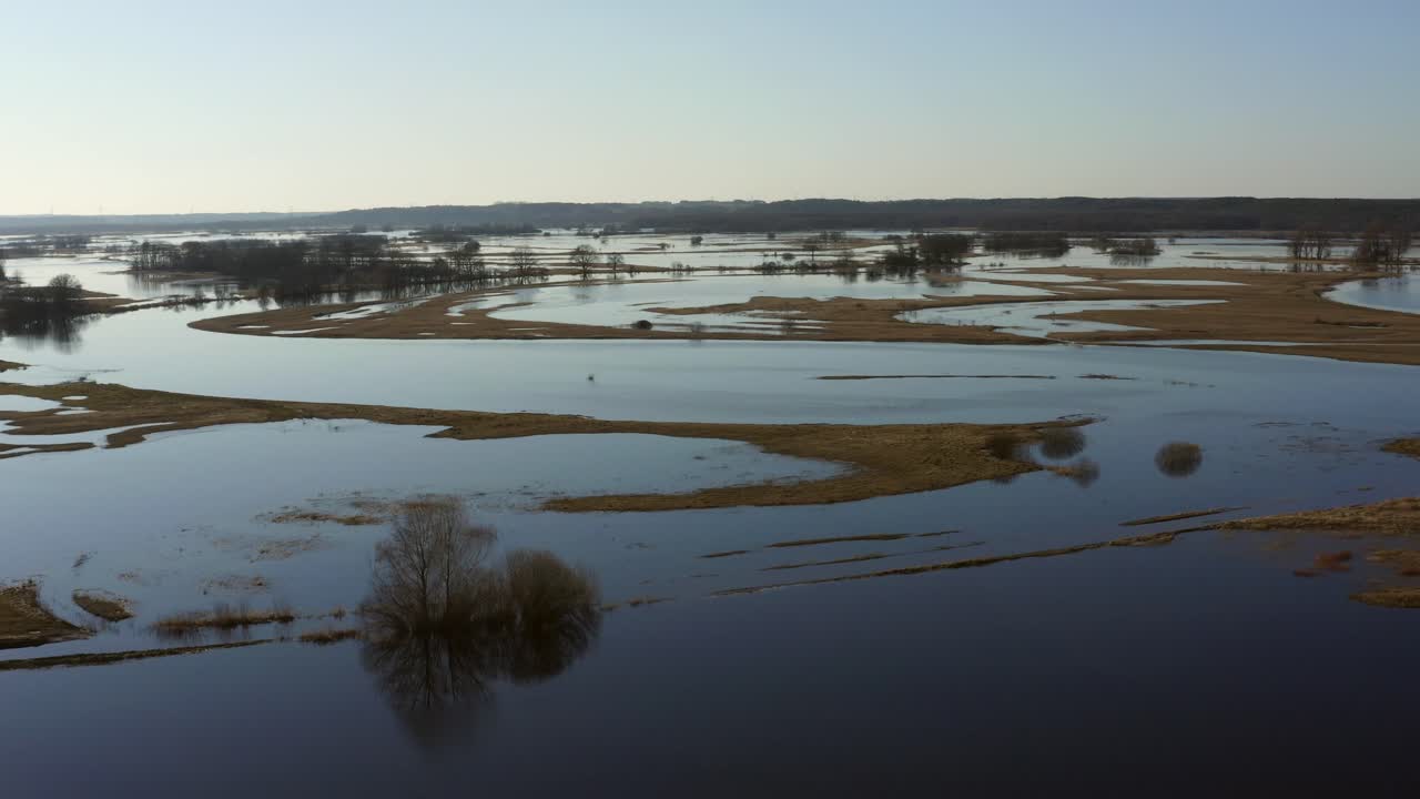 Drone aerial dolley shot over the calm nature with Biebrza river in a sunny day