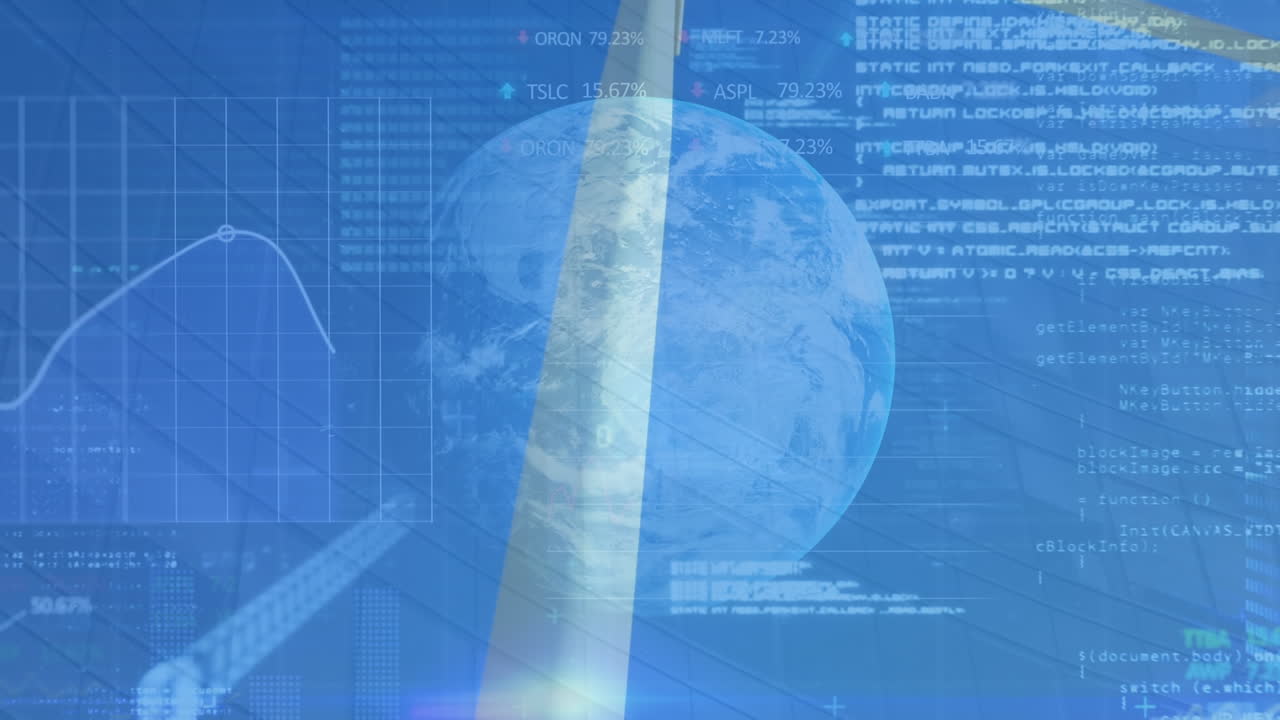 금융 데이터의 애니메이션과 풍력 터빈 위의 지구