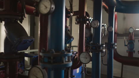 pipelines with pressure meters on flanges in boiler house