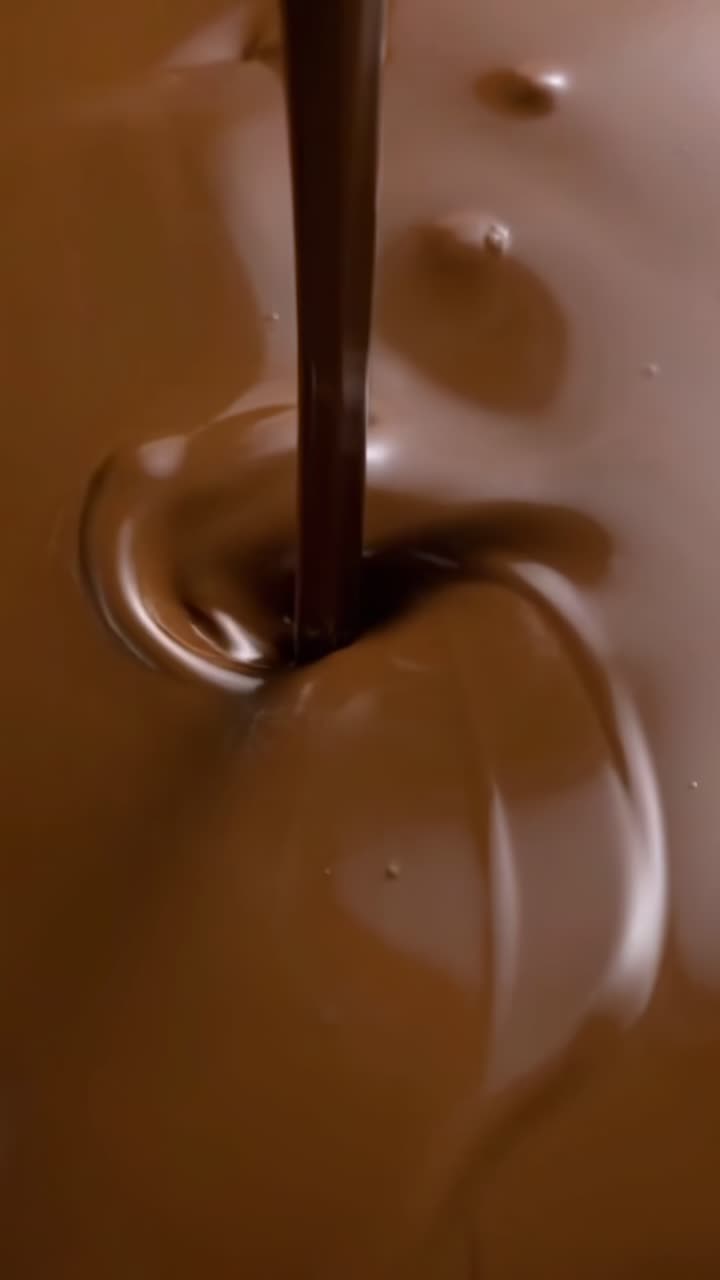 Video close-up cokelat cair lembut yang sedang dituangkan, menangkap tekstur yang kaya dari sudut pandang atas.