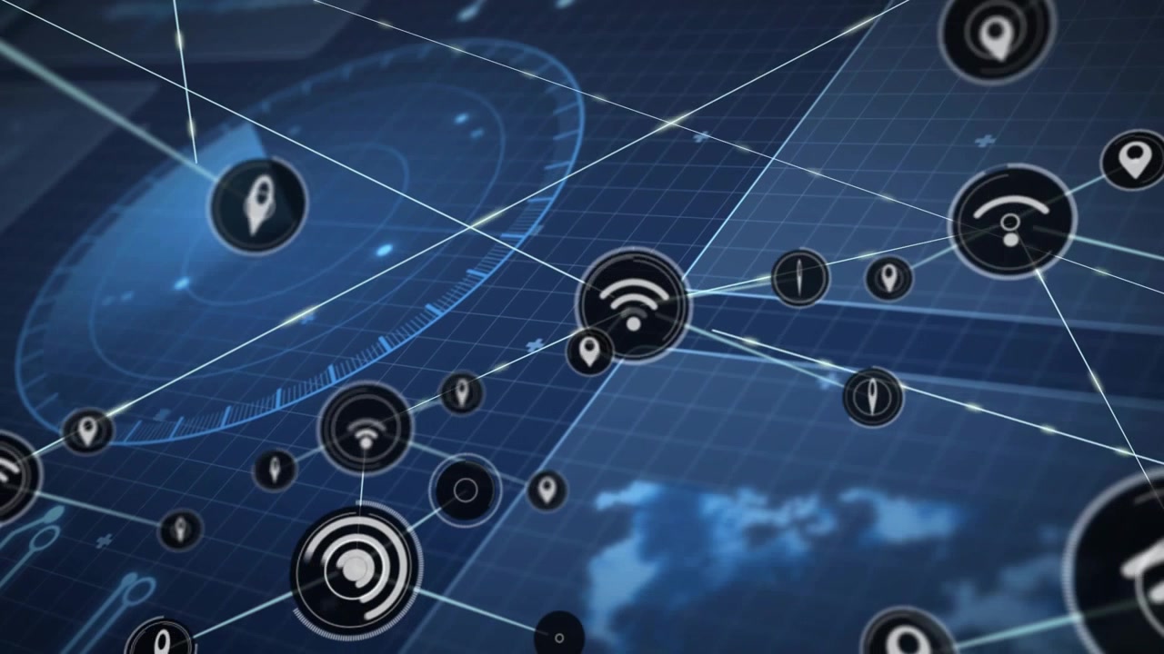 Central node activating spawning linked nodes with Wi?Fi on HUD radar showing technology network