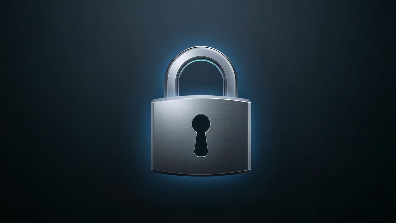 Light sweep starting metallic padlock scaling, lighting up on blue backdrop revealing keyhole glow