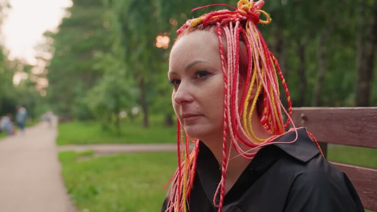 woman with vibrant dreadlocks seated alone outdoors, contemplative lady in park with vivid multicolored hair, pensive female figure resting on bench amid lush green trees at sunset