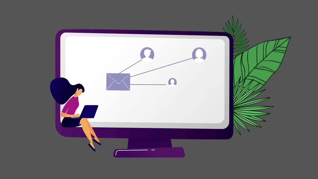 Animation of woman using laptop with network of icons on screen