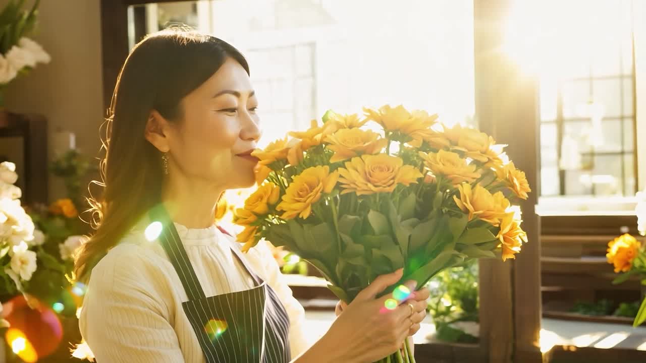 una florista mujer sonriendo mientras sostiene un ramo de flores amarillas