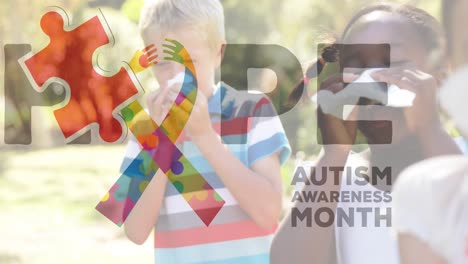 animation of colourful puzzle pieces and autism text over children sneezing