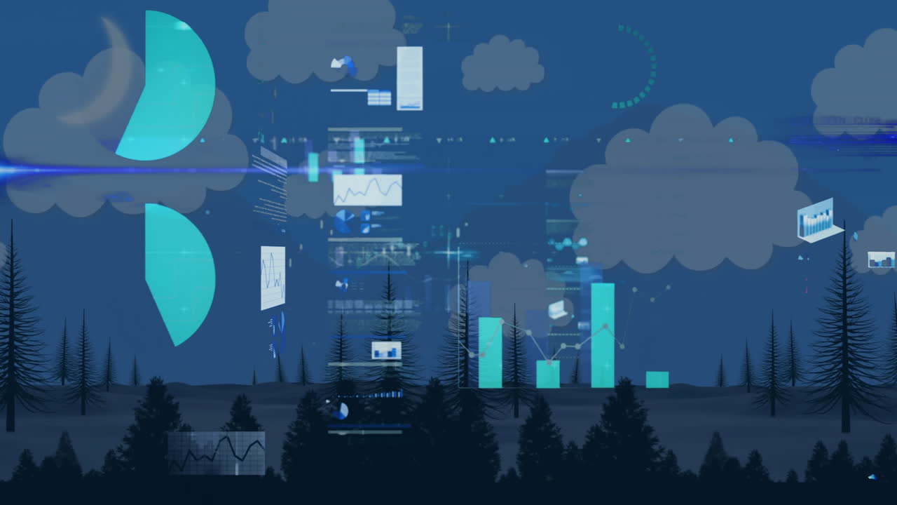 Pine trees spreading across hills under deep blue sky featuring flat design glitching data panels