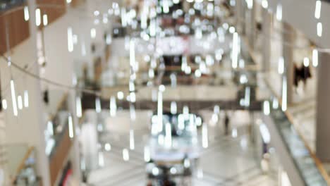 christmas lights bokeh background adorn the floor of a large modern shopping center. blurred bright christmas lighting in the mall. glitter. copyspace