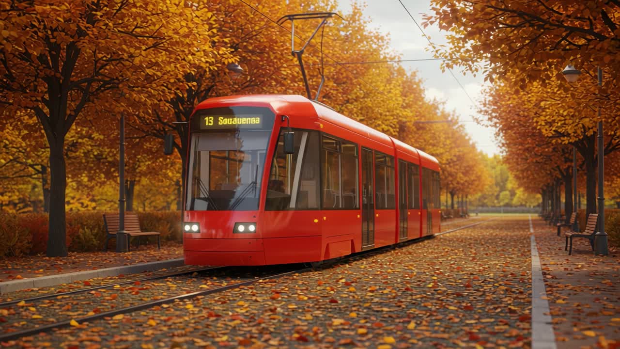 A Vibrant Autumn Scene Featuring a Red Tram Gliding Through a Colorful Street Lined with Golden-Orange Trees and Fallen Leaves