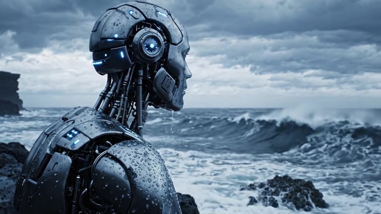 Un robot futuristico contempla la sua esistenza su una costa rocciosa, circondato da onde turbolente e un cielo drammatico, evocando temi di solitudine e riflessione nella bellezza della natura