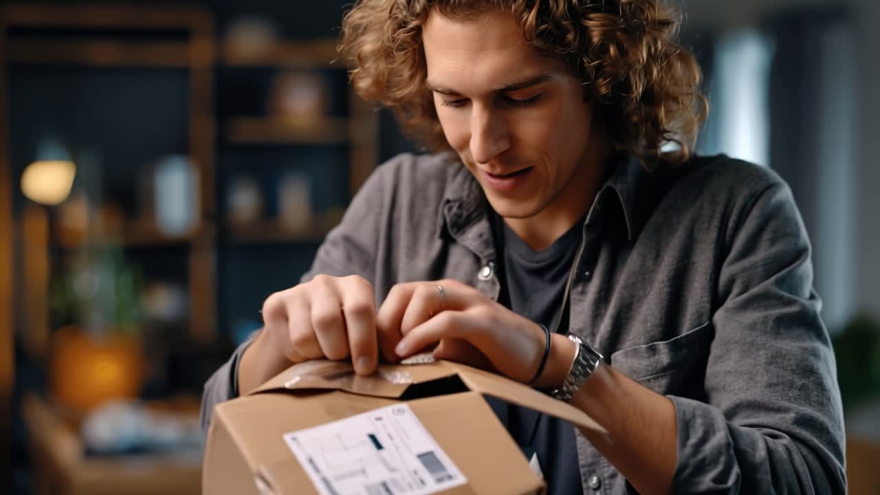 Excitement of Unboxing: A Joyful Individual Opening a Package, Capturing the Anticipation and Surprise of Discovering What's Inside the Box