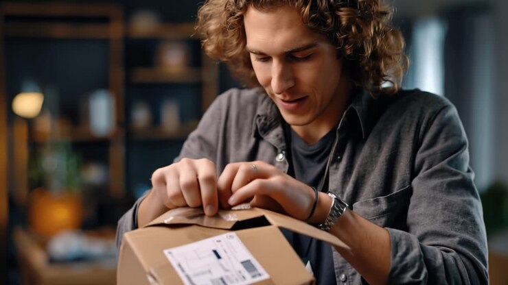 Excitement of Unboxing: A Joyful Individual Opening a Package, Capturing the Anticipation and Surprise of Discovering What's Inside the Box