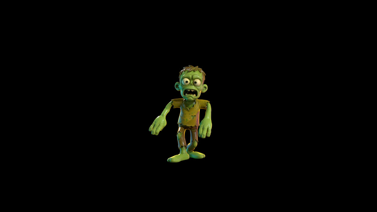 Personaje Zombi de Dibujos Animados Caminando sobre Fondo Negro