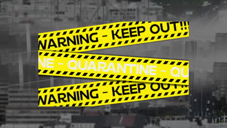 animation of covid 19 warning text over cityscape