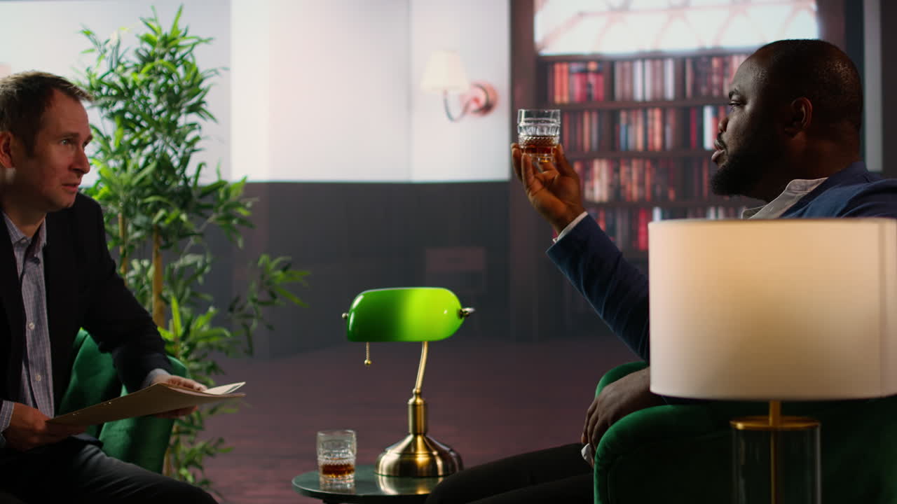 Two diverse high society members in a private gentlemen club